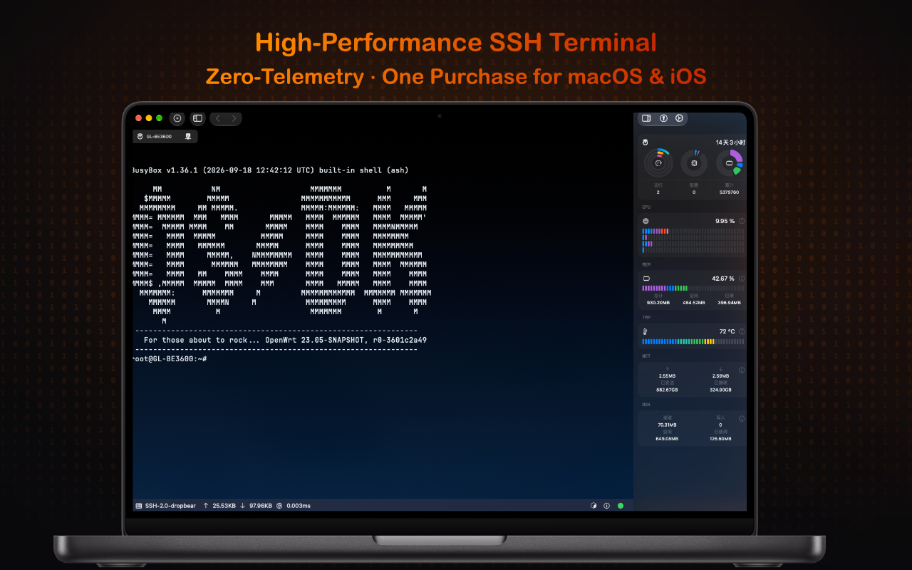FoxTerm SSH Terminal with system monitoring sidebar
